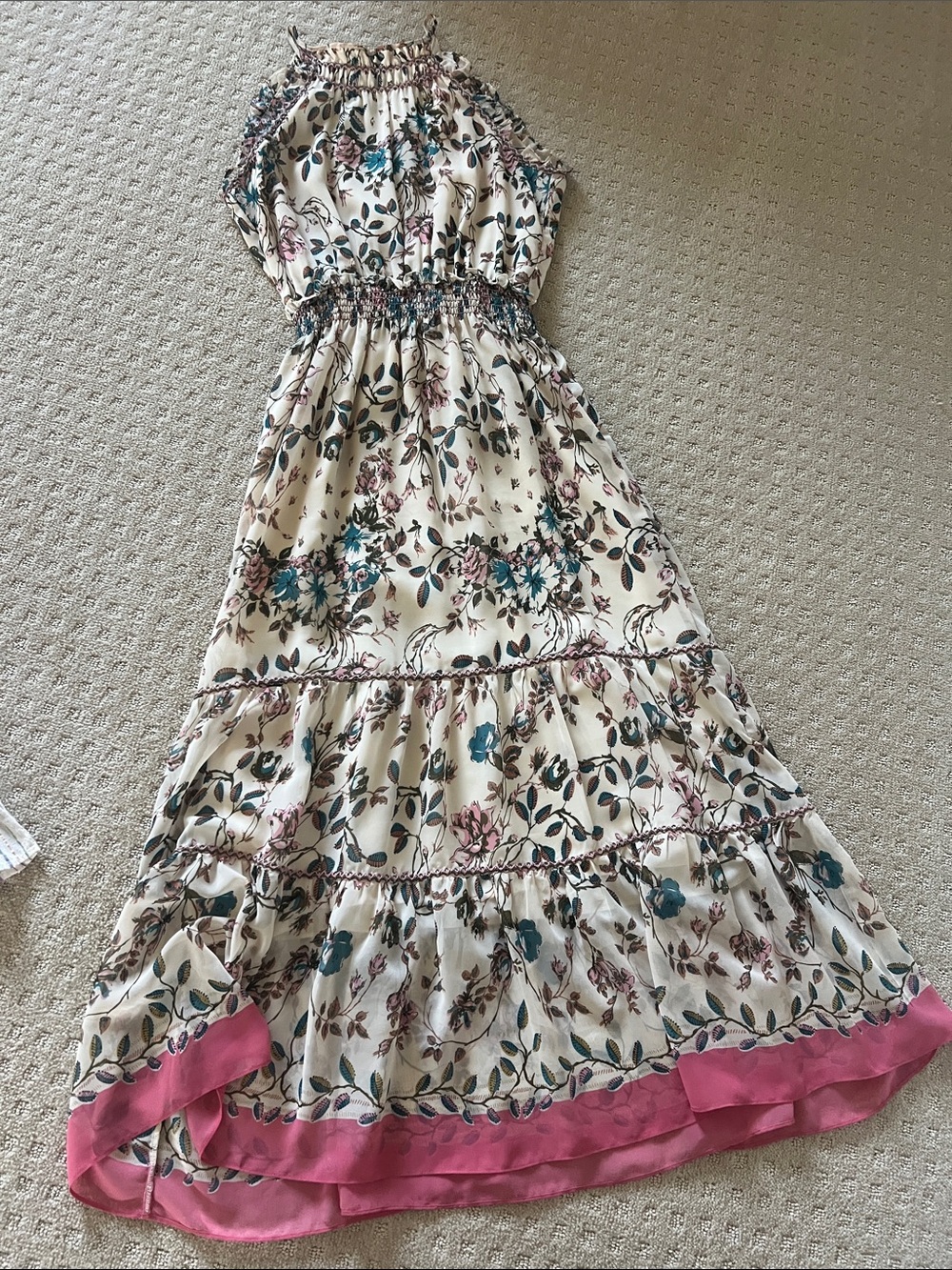 Max Studio Cream Floral Maxi Dress with Pink Hem Trim